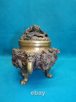 Vers 1900 Chine Brûle-parfum Tripode Bronze Dragons Perle Sacrée